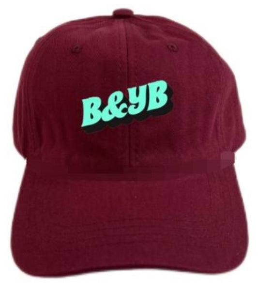 Cranberry and tihfiny blue dad hat with embroidered B&YB logo